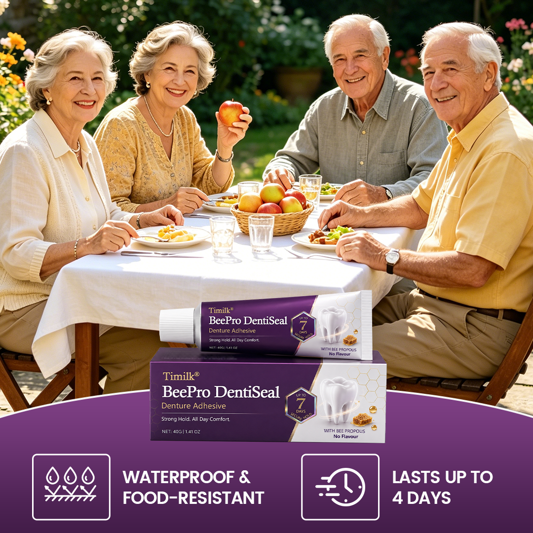 Timilk® BeePro DentiSeal Denture Adhesive🦷🐝💜 FDA Certified (Clinically Proven 96-Hour Lock Hold with Bee Propolis Gum Comfort for Secure, Comfortable & Zinc-Free Denture Fit)